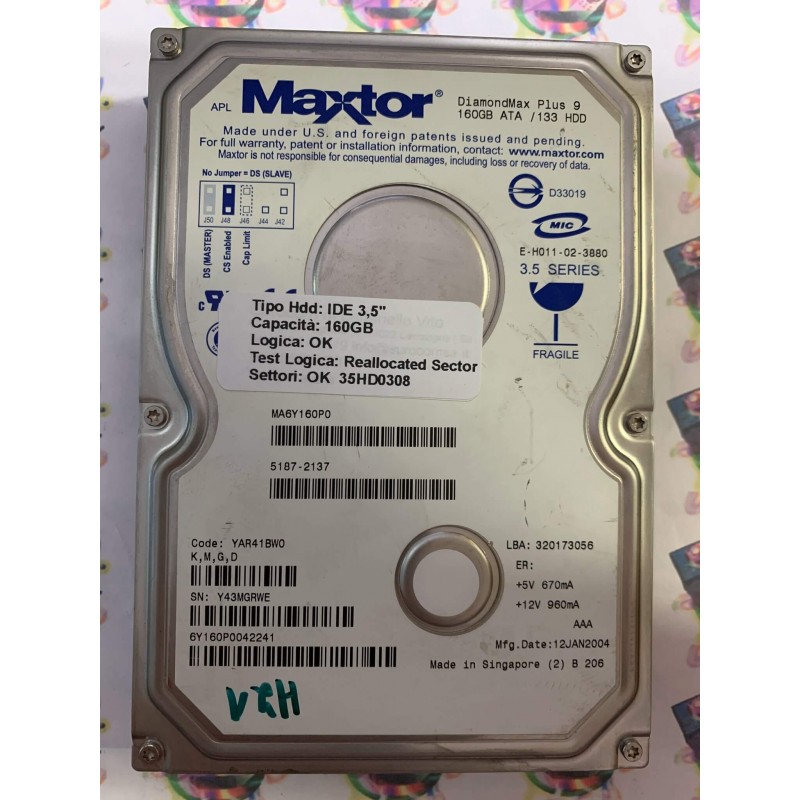 Hard Disk Usato Semifunzionante IDE 3,5" 160gb MAXTOR 6Y160P0042241 MA6Y160P0 YAR41BW0 12 JAN 2004