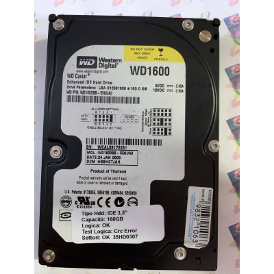 Hard Disk Usato Semifunzionante IDE 3,5" 160gb WESTERN DIGITAL WD1600BB WD1600BB-55GUA0 HSBHCTJAH 24 JAN 2005