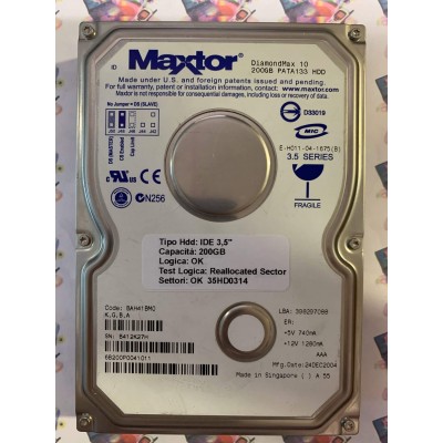 Hard Disk Usato Semifunzionante IDE 3,5" 200gb MAXTOR 6B200P0 6B200P0041011 BAH41BM0 24 DEC 2004