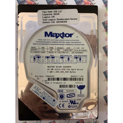 Hard Disk Usato Semifunzionante IDE 3,5" 20gb MAXTOR 2B020H1 WAK21R90 H3A 10A 11A 40020624 19 MAR 2002