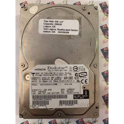 Hard Disk Usato Semifunzionante IDE 3,5" 250gb HITACHI HDS722525VLAT80 14R9249 BA1254 APR-2005