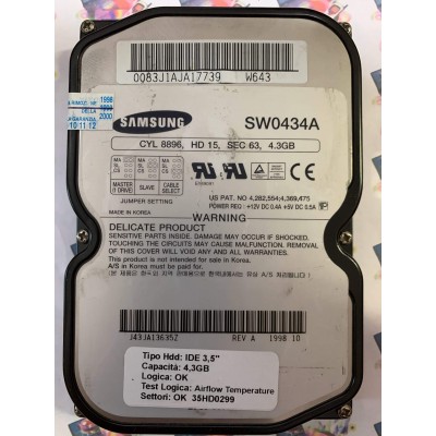 Hard Disk Usato Semifunzionante IDE 3,5" 4,3gb SAMSUNG SW0434A J43JA13635Z REV A 1998.10