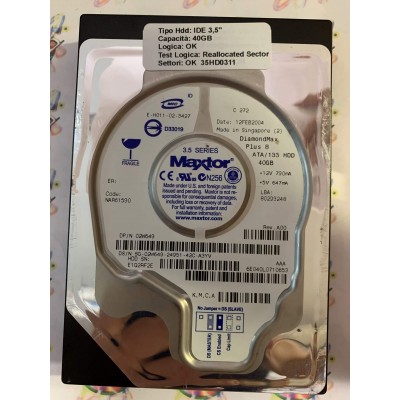 Hard Disk Usato Semifunzionante IDE 3,5" 40gb MAXTOR 6E040L0 6E040L0710653 NAR61590 12 FEB 2004