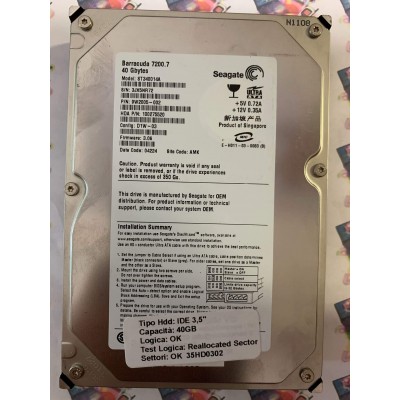 Hard Disk Usato Semifunzionante IDE 3,5" 40gb SEAGATE ST340014A 9W2005-002 3.06 04224 AMK