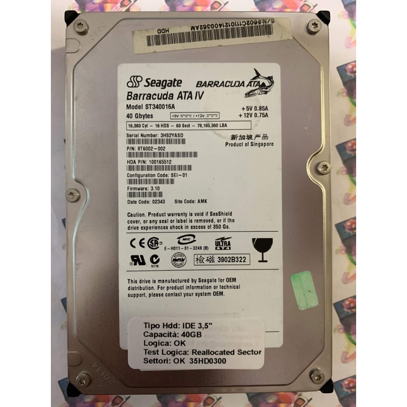 Hard Disk Usato Semifunzionante IDE 3,5" 40gb SEAGATE ST340016A 9T6002-002 3.10 02343 AMK