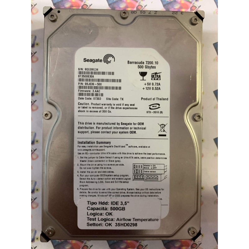 Hard Disk Usato Semifunzionante IDE 3,5" 500gb SEAGATE ST3500830A 9BJ036-500 3.AAC 07303 TK