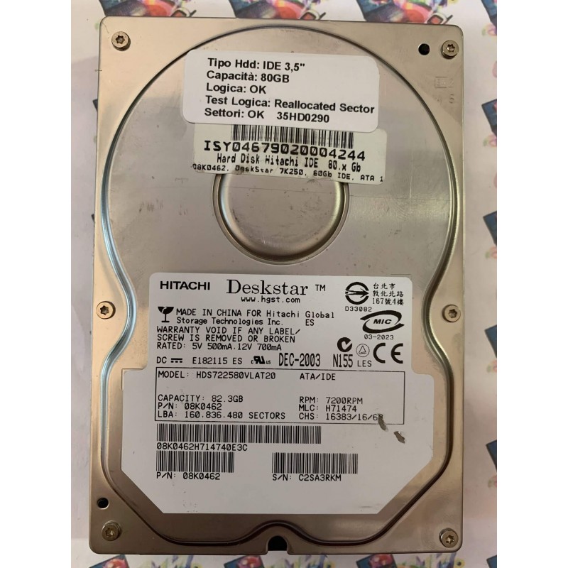 Hard Disk Usato Semifunzionante IDE 3,5" 80gb HITACHI HDS722580VLAT20 08K0462 H71474 DEC-2003