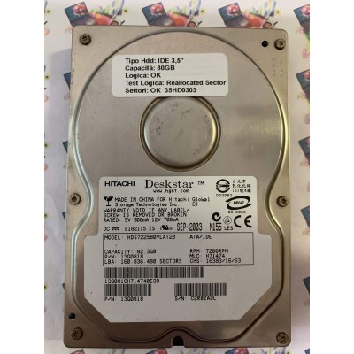 Hard Disk Usato Semifunzionante IDE 3,5" 80gb HITACHI HDS722580VLAT20 13G0818 H71474 SEP-2003