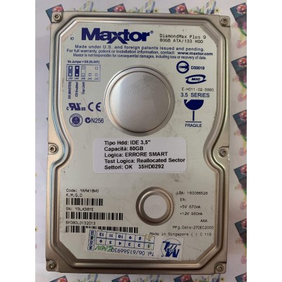 Hard Disk Usato Semifunzionante IDE 3,5" 80gb MAXTOR 6Y080L0132013 YAR41BW0 27 DEC 2003