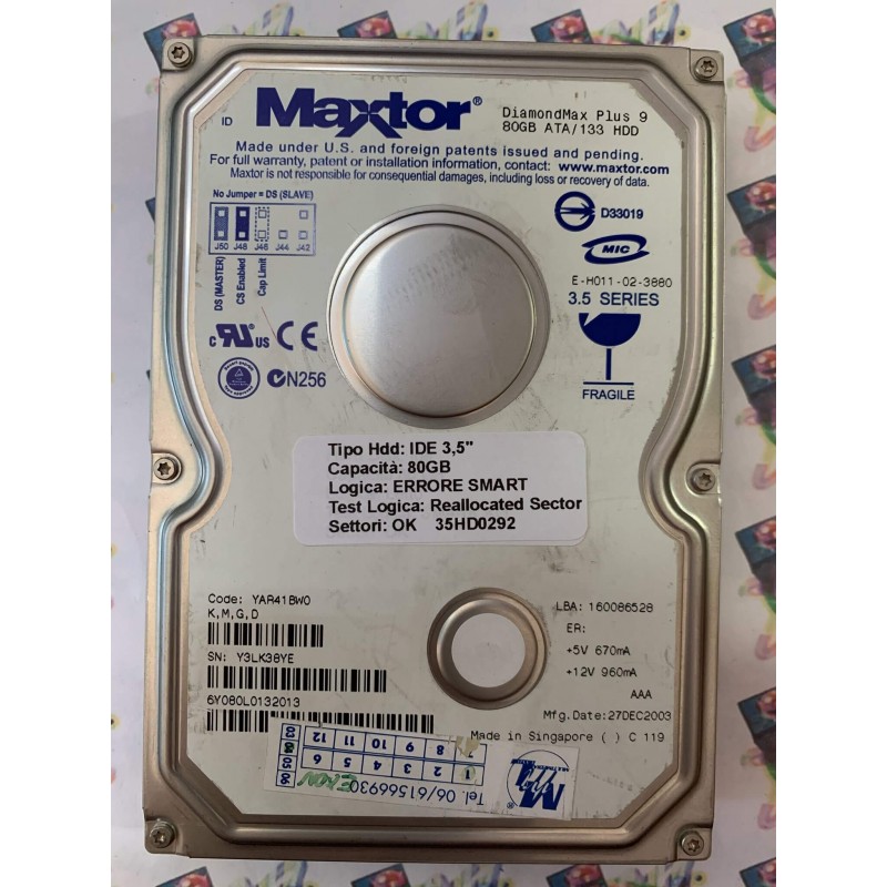 Hard Disk Usato Semifunzionante IDE 3,5" 80gb MAXTOR 6Y080L0132013 YAR41BW0 27 DEC 2003