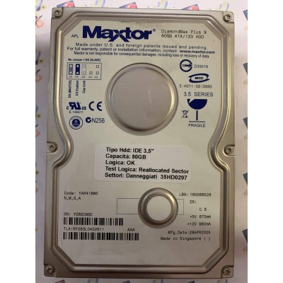 Hard Disk Usato Semifunzionante IDE 3,5" 80gb MAXTOR 6Y080L0422611 YAR41BW0 28 APR 2005