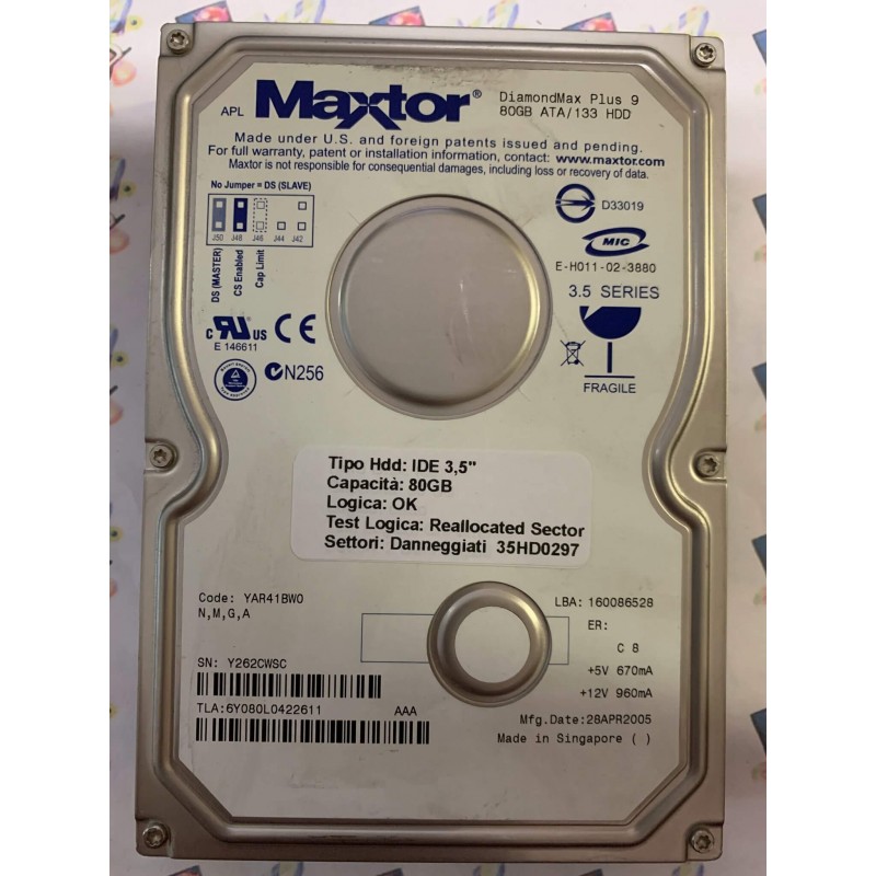 Hard Disk Usato Semifunzionante IDE 3,5" 80gb MAXTOR 6Y080L0422611 YAR41BW0 28 APR 2005