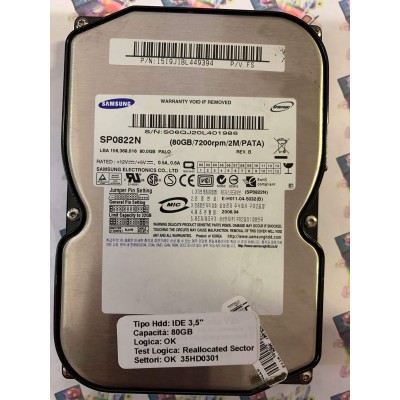 Hard Disk Usato Semifunzionante IDE 3,5" 80gb SAMSUNG SP0822N 1519J1BL449394 2006.04