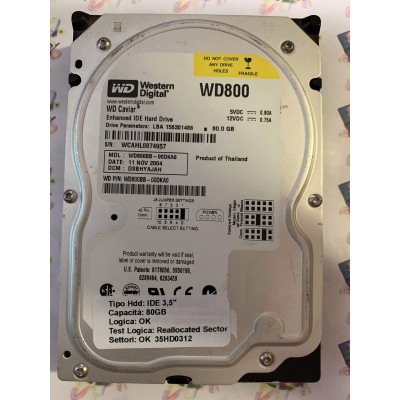 Hard Disk Usato Semifunzionante IDE 3,5" 80gb WESTERN DIGITAL WD800BB WD800BB-00DKA0 DSBHYAJAH 11 NOV 2004
