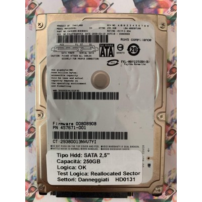 Hard Disk Usato Semifunzionante SATA 2,5" 250GB FUJITSU MHY2250BH CA06889-B30900C1 2008-03-19 0080890B