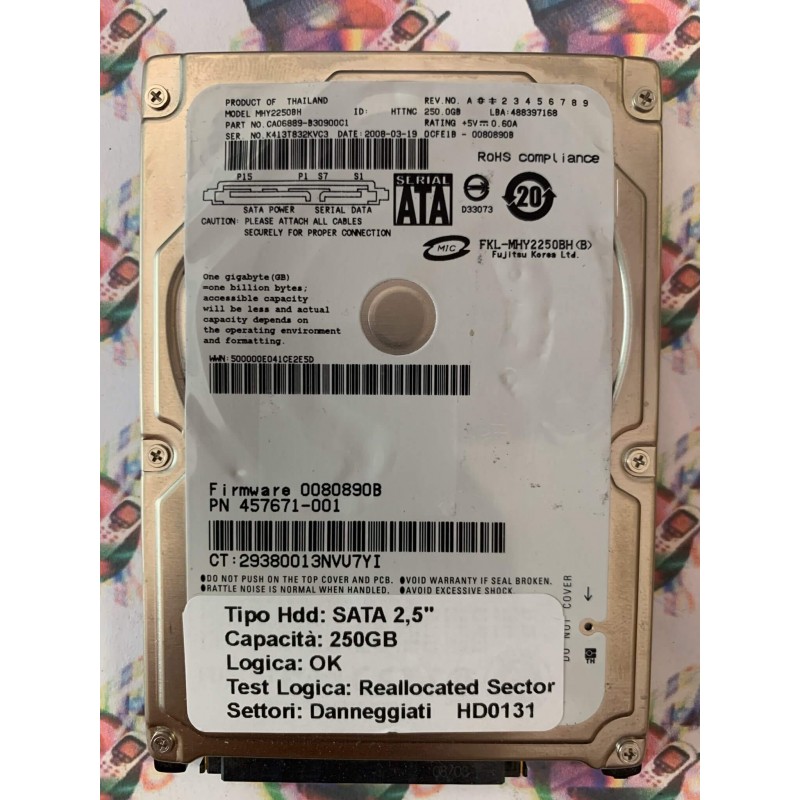 Hard Disk Usato Semifunzionante SATA 2,5" 250GB FUJITSU MHY2250BH CA06889-B30900C1 2008-03-19 0080890B