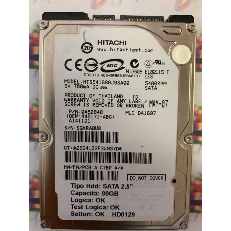 Hard Hard Disk Usato Funzionante 100% Ok SATA 2,5" 80GB HITACHI HTS541680J9SA00 0A50848 MAY-07