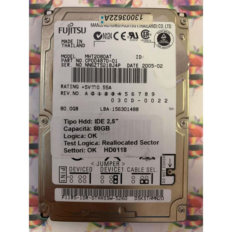 Hard Disk Usato Semifunzionante IDE 2,5" 80GB FUJITSU MHT2080AT CP004870-01 2005-02