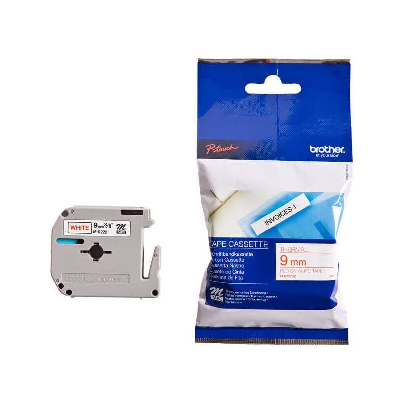 Nastro Originale Brother M-K222BZ M-K222 9mm 8 metri Rosso su Bianco non laminato