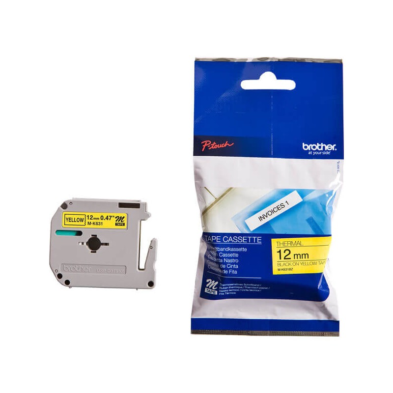 Nastro Originale Brother M-K631BZ M-K631 12mm 8 metri Nero su Giallo non laminato