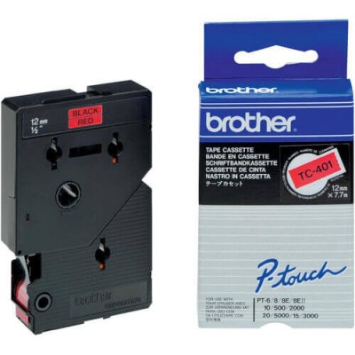 Nastro Originale Brother TC-401 TC401 12mm 7,7 metri Nero su Rosso non laminato