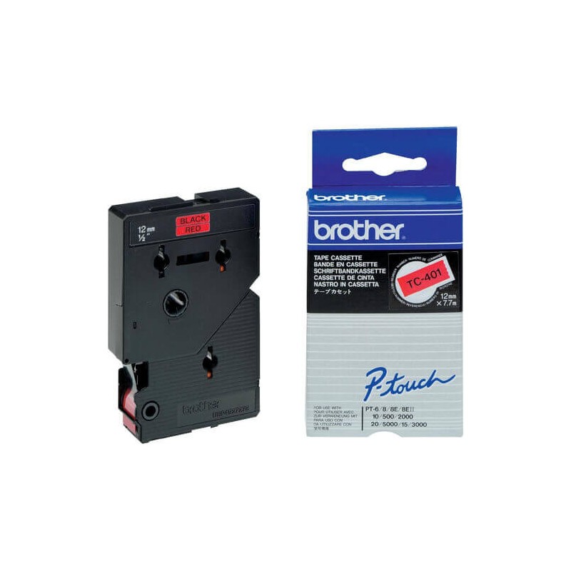 Nastro Originale Brother TC-401 TC401 12mm 7,7 metri Nero su Rosso non laminato