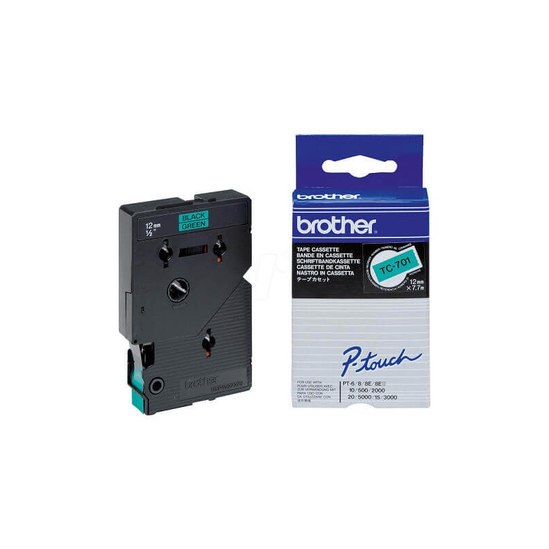 Nastro Originale Brother TC-701 TC701 12mm 7,7 metri Nero su Verde non laminato
