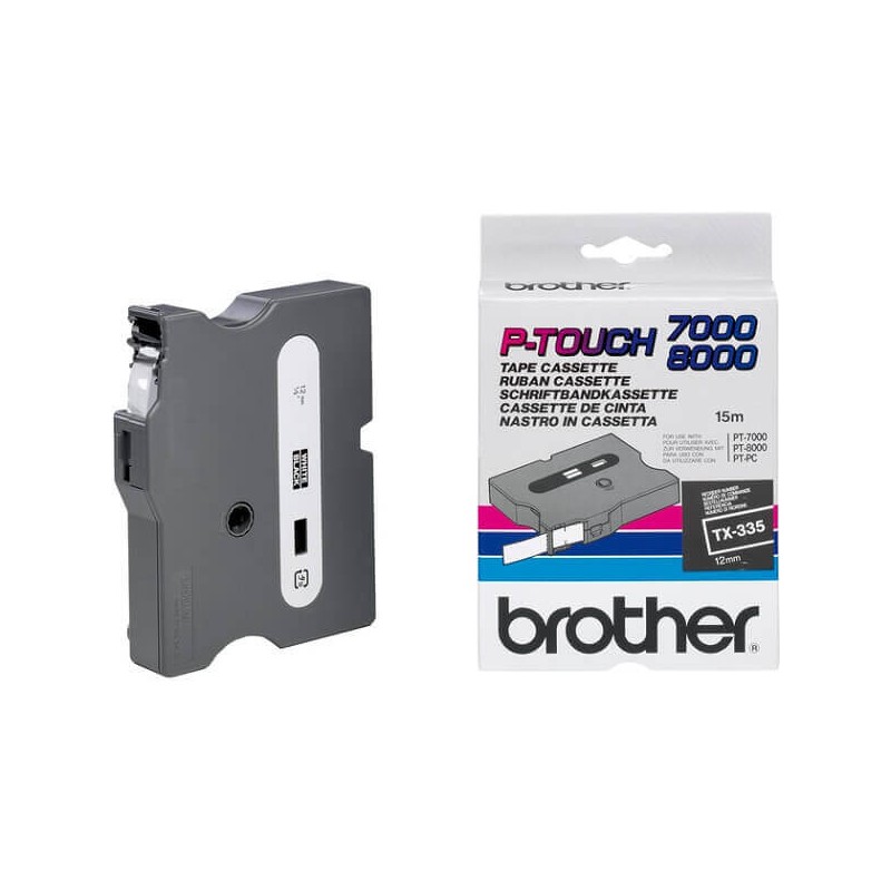 Nastro Originale Brother TX-335 TX335 12mm 15 metri Bianco su Nero non laminato