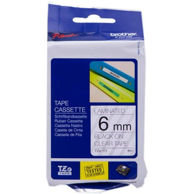 Nastro Originale Brother TZE-111 TZE111 6mm 8 metri Bianco su Clear Lamitato