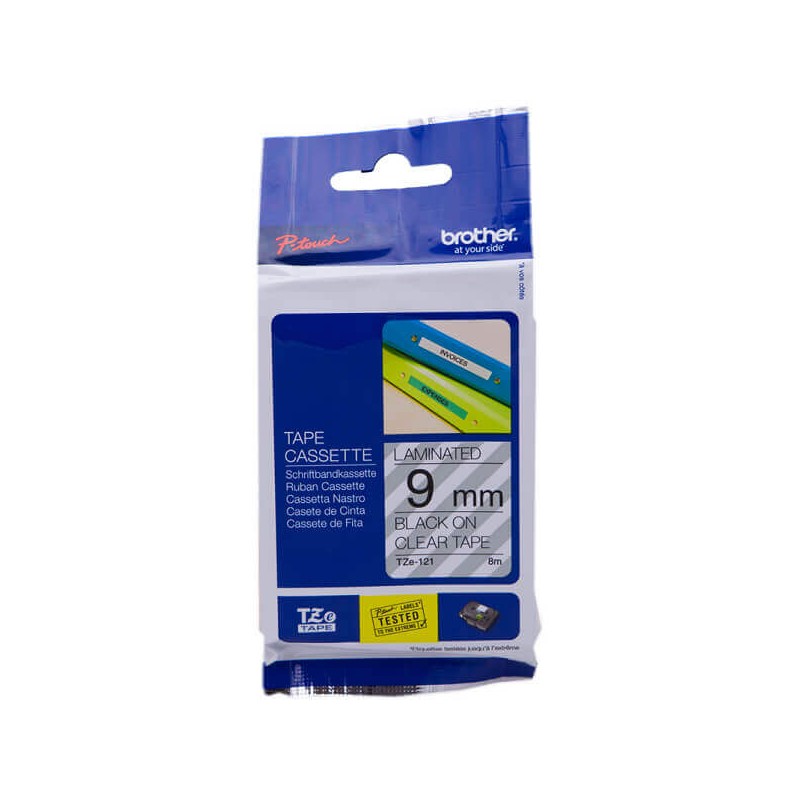 Nastro Originale Brother TZE-121 TZE121 9mm 8 metri Bianco su Clear Laminato