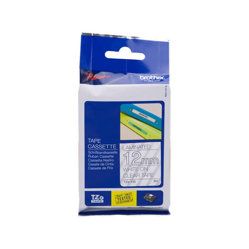 Nastro Originale Brother TZE-135 TZE135 12mm 8 Metri Bianco su Clear Laminato