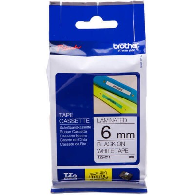 Nastro Originale Brother TZE-211 TZE211 6mm 8 Metri Nero su Bianco Laminato