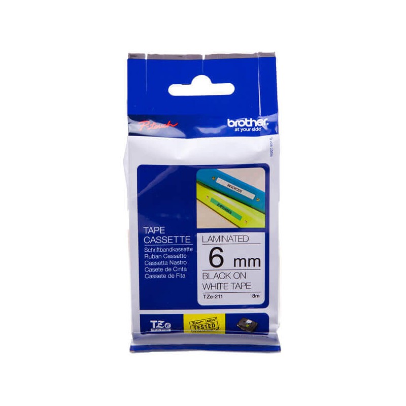 Nastro Originale Brother TZE-211 TZE211 6mm 8 Metri Nero su Bianco Laminato