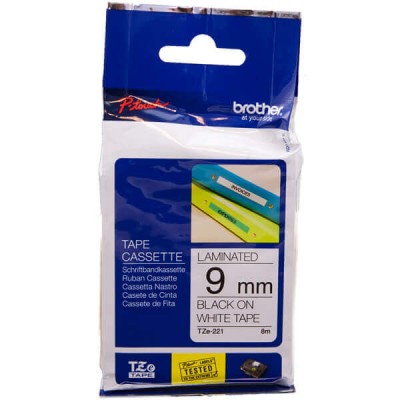 Nastro Originale Brother TZE-221 TZE221 9mm 8 Metri Nero su Bianco Laminato