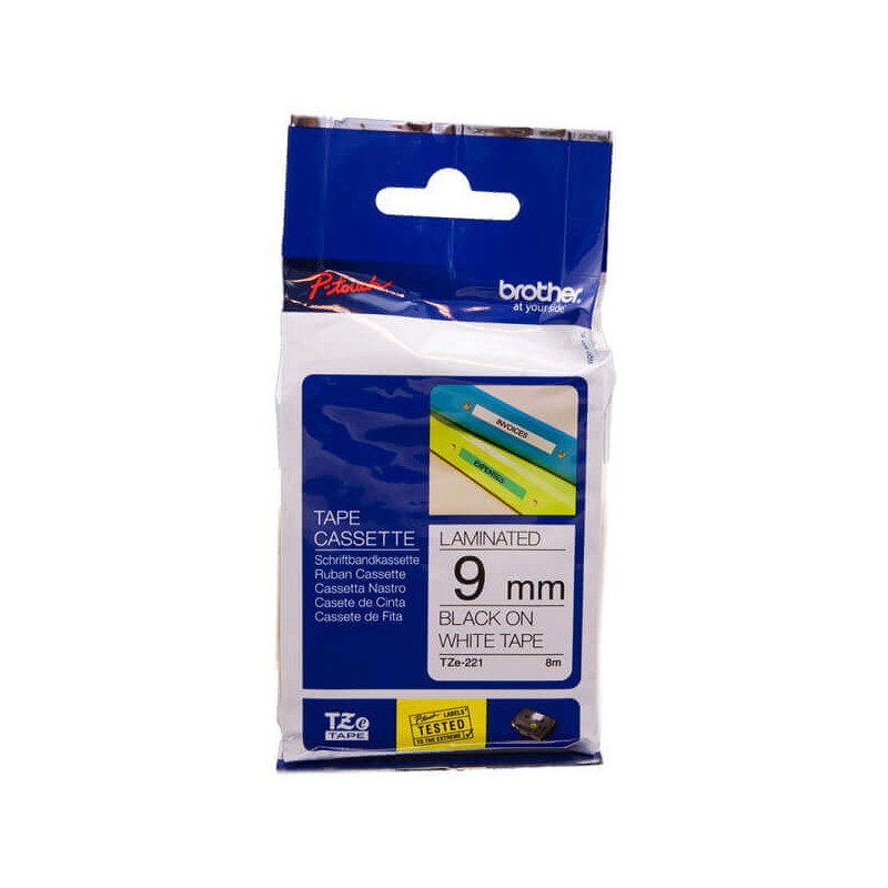 Nastro Originale Brother TZE-221 TZE221 9mm 8 Metri Nero su Bianco Laminato
