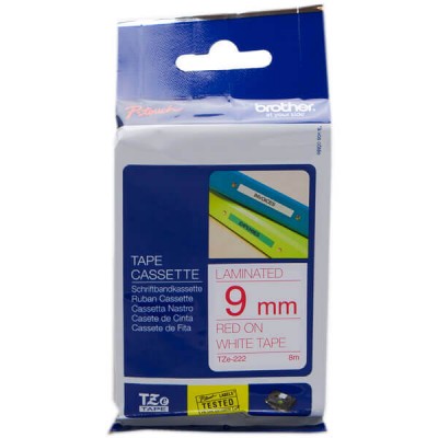 Nastro Originale Brother TZE-222 TZE222 9mm 8 Metri Rosso su Binaco Laminato