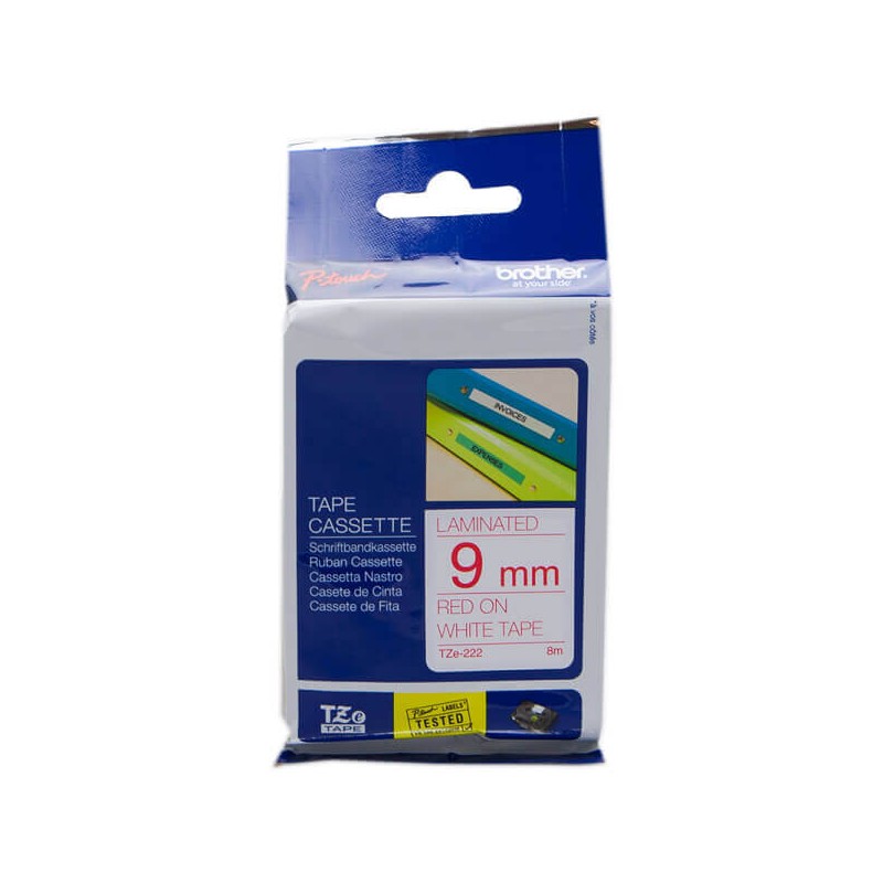 Nastro Originale Brother TZE-222 TZE222 9mm 8 Metri Rosso su Binaco Laminato