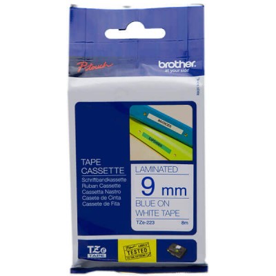 Nastro Originale Brother TZE-223 TZE223 9mm 8 Metri Blu su Bianco Laminato