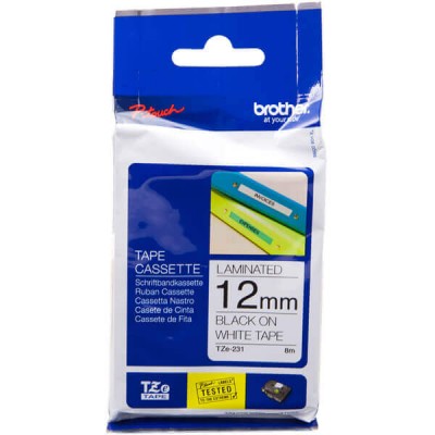 Nastro Originale Brother TZE-231 TZE231 12mm 8 Metri Nero su Bianco Laminato