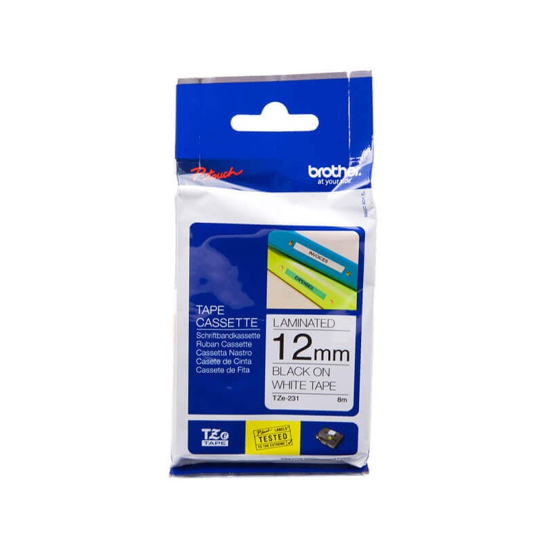 Nastro Originale Brother TZE-231 TZE231 12mm 8 Metri Nero su Bianco Laminato