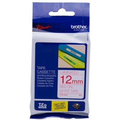 Nastro Originale Brother TZE-232 TZE232 12mm 8 Metri Rosso su Bianco Laminato