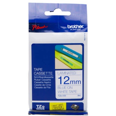 Nastro Originale Brother TZE-233 TZE233 12mm 8 Metri Blu su Bianco Laminato