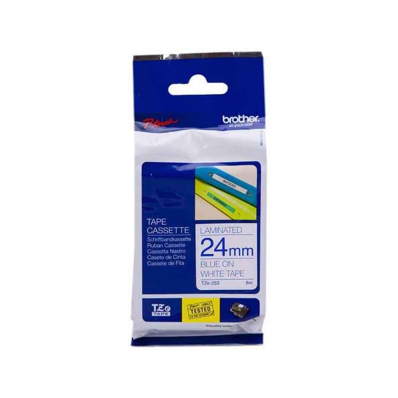 Nastro Originale Brother TZE-253 TZE253 24mm 8 Metri Blu su Bianco Laminato