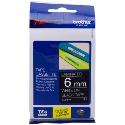 Nastro Originale Brother TZE-315 TZE315 6mm 8 Metri Bianco su Nero Laminato