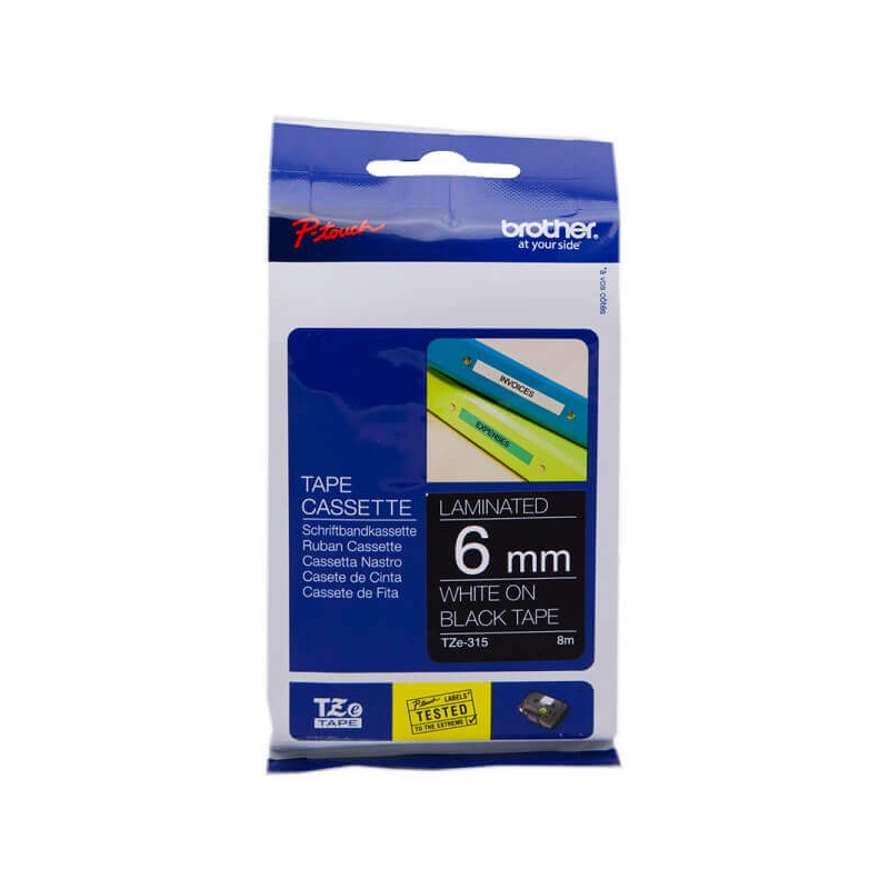 Nastro Originale Brother TZE-315 TZE315 6mm 8 Metri Bianco su Nero Laminato