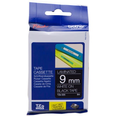 Nastro Originale Brother TZE-325 TZE325 9mm 8 Metri Bianco su Nero Laminato