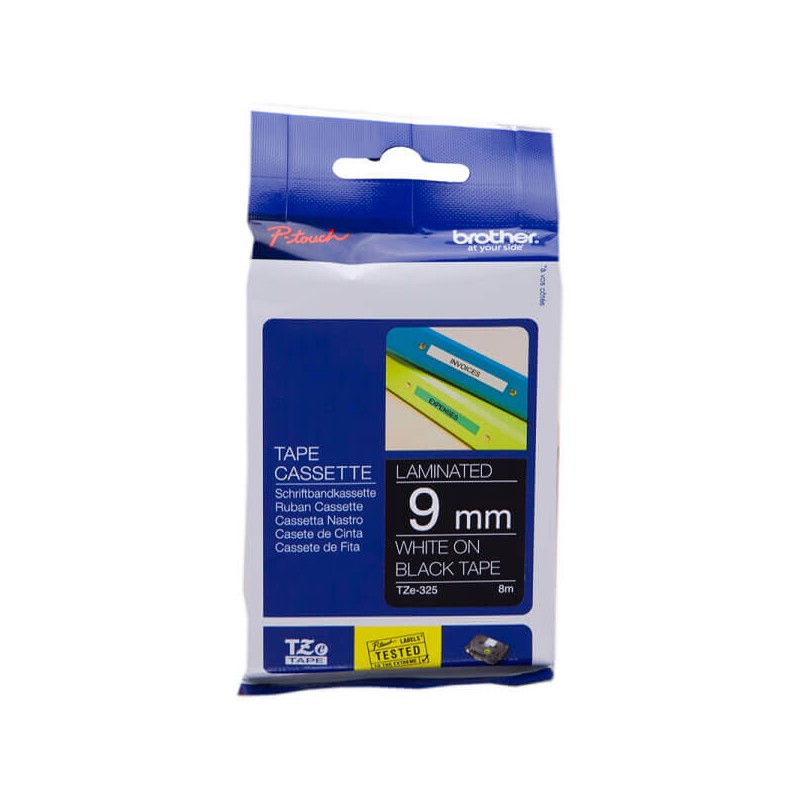 Nastro Originale Brother TZE-325 TZE325 9mm 8 Metri Bianco su Nero Laminato