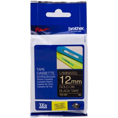 Nastro Originale Brother TZE-334 TZE334 12mm 8 Metri Oro su Nero Laminato