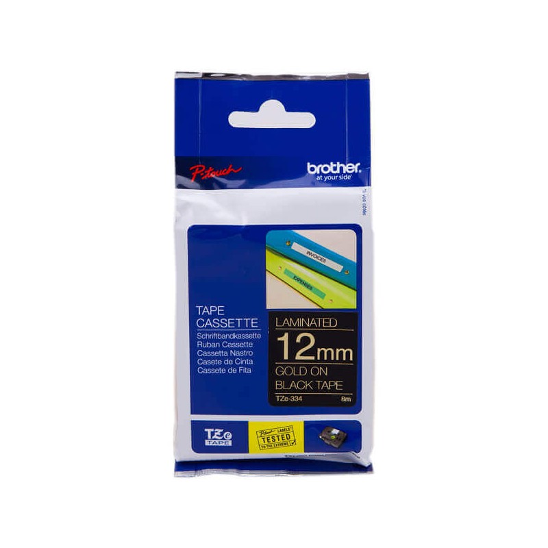Nastro Originale Brother TZE-334 TZE334 12mm 8 Metri Oro su Nero Laminato