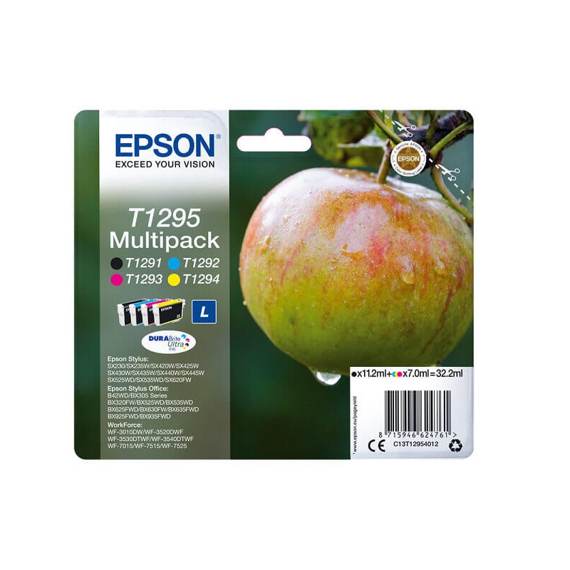 Kit 4 Cartucce Originali Epson C13T12954012 T1295 BK C M Y 11,2ml Bk 7ml C M Y